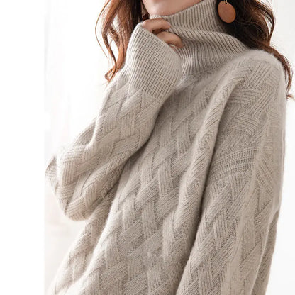 Pull col roulé femme maille torsadée acrylique coupe ajustée