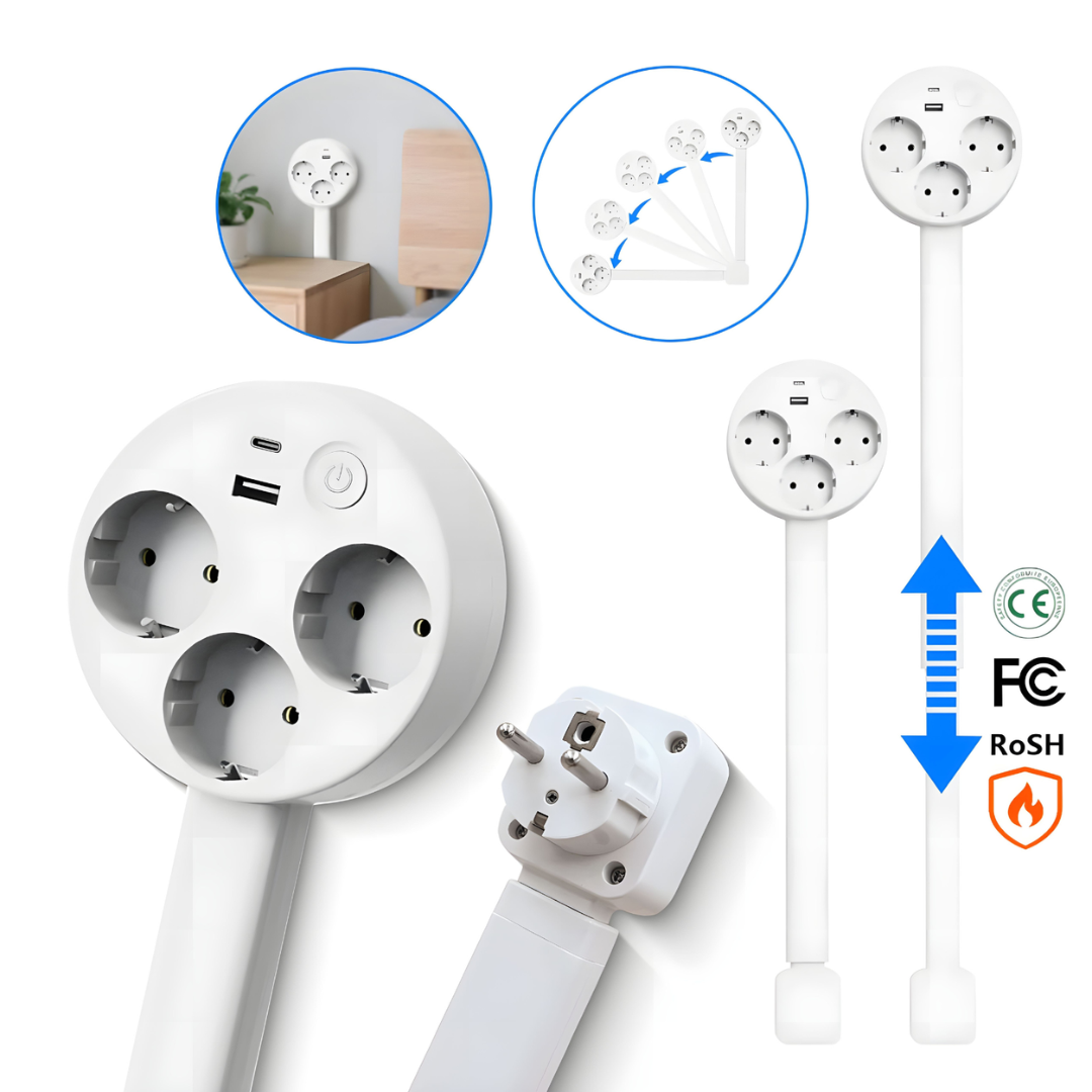 Prise extensible télescopique 47-67cm tête rotative 3 prises EU USB-A USB-C certifiée CE