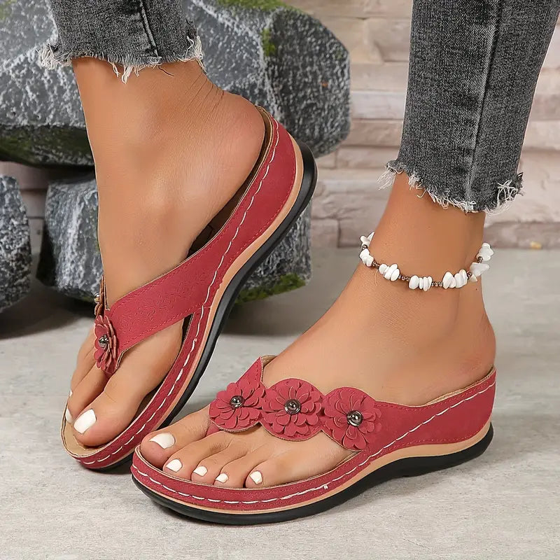 Chaussons femme cuir synthétique motif floral slip-on intérieur extérieur