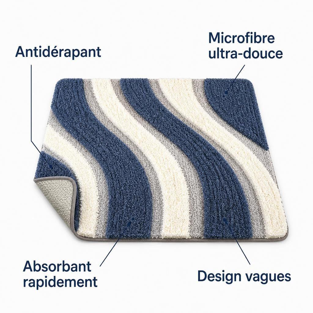 Tapis de Bain Antidérapant Vagues Parisola — Caractéristiques Microfibre et Antidérapant