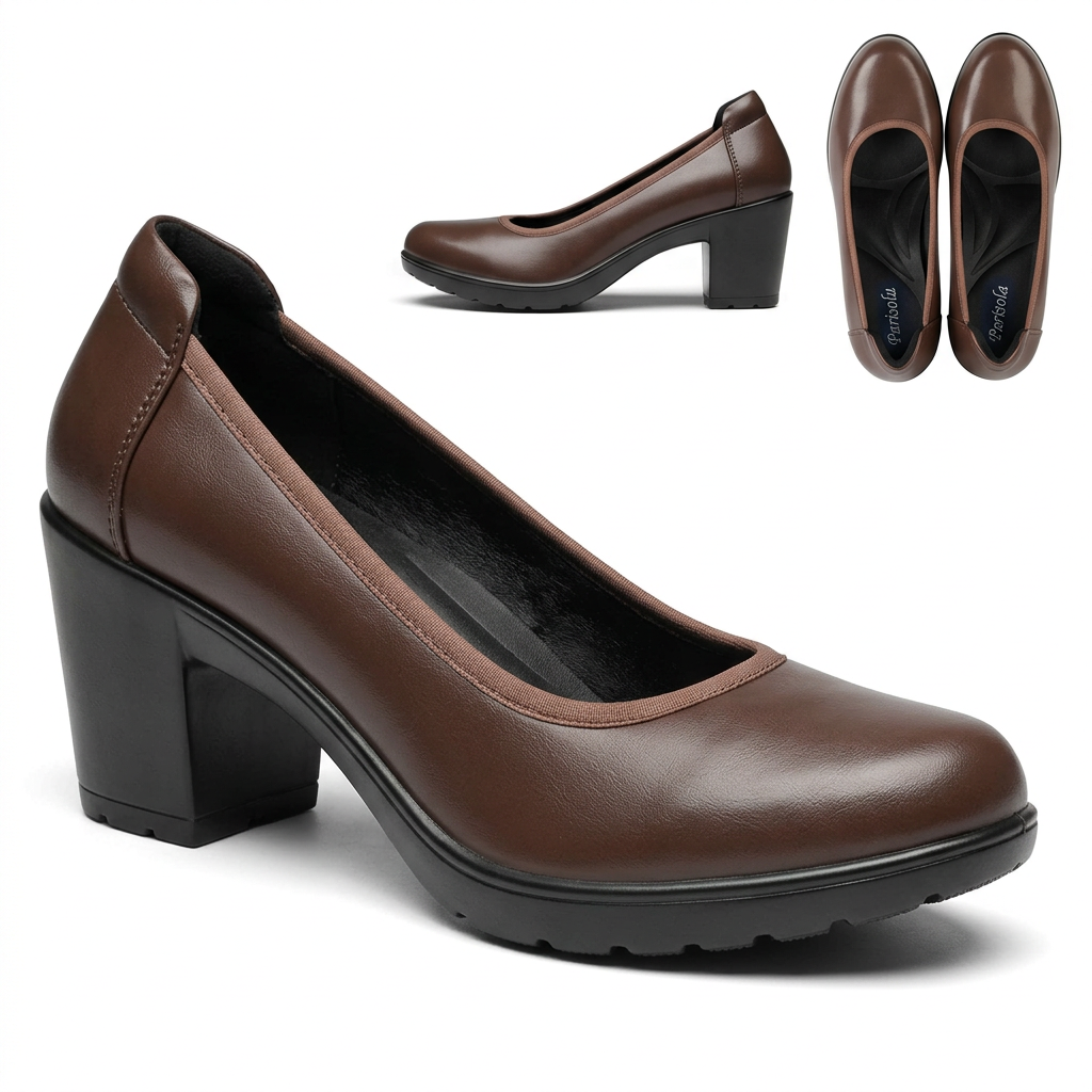 Escarpins femme marron talon bloc bout rond semelle antidérapante