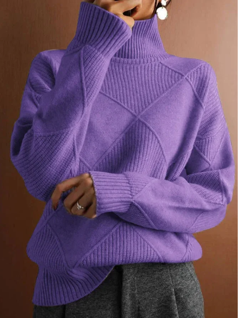 Pull chaud femme col montant maille acrylique coupe ajustée