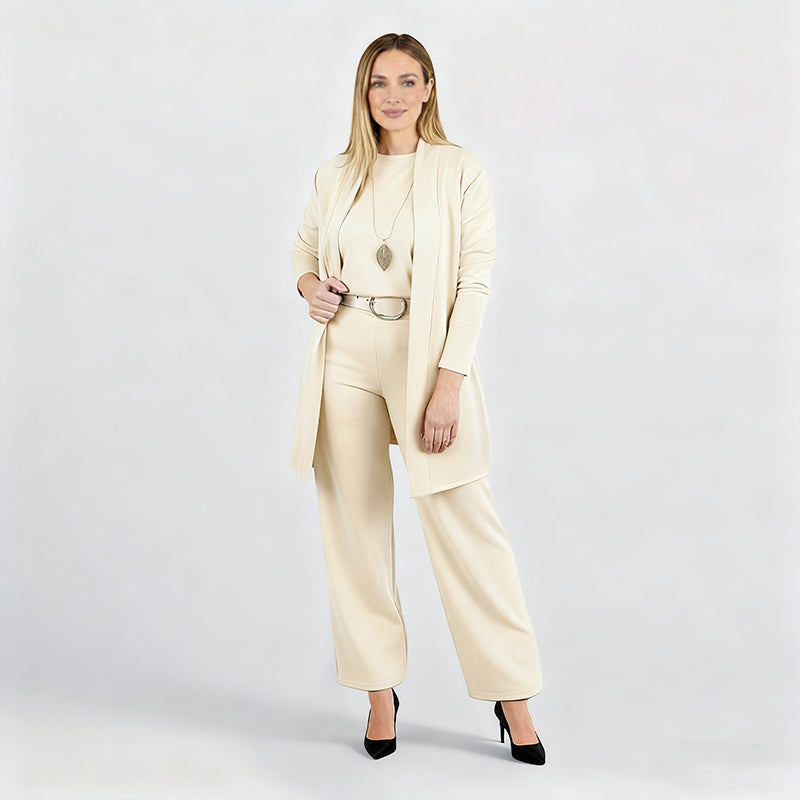 Ensemble femme élégant trois pièces veste haut pantalon