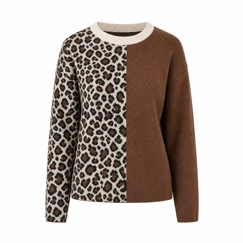 Pull femme motif léopard manches longues col rond