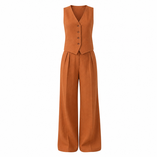 Ensemble lin femme gilet pantalon large élégant