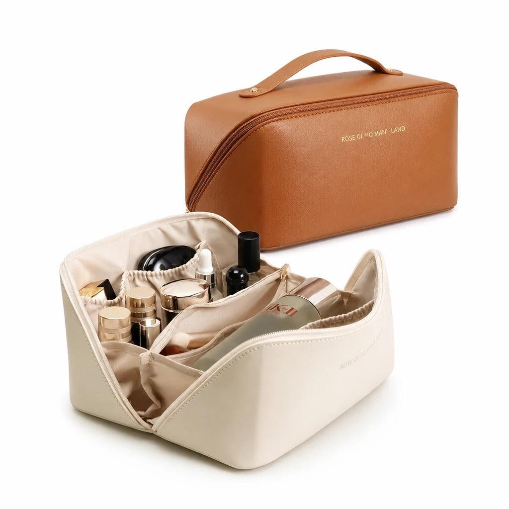 Trousse beauté cuir PU imperméable grande ouverture poignée transport fil acier cosmétiques voyage