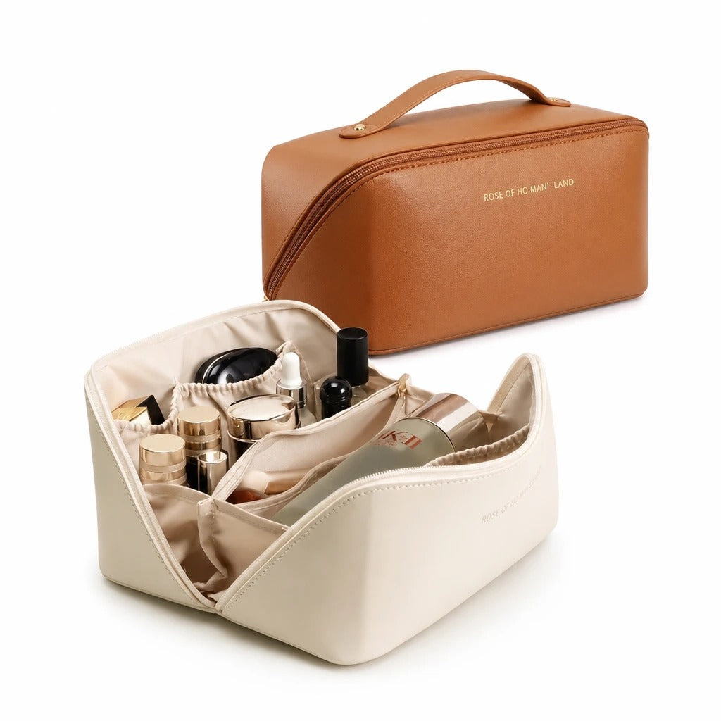Trousse beauté cuir PU imperméable grande ouverture poignée transport fil acier cosmétiques voyage