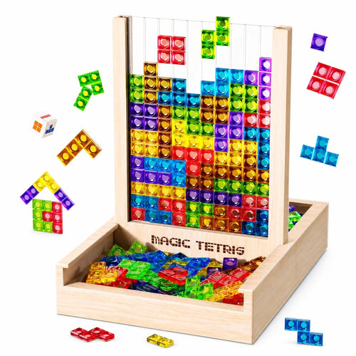 Jeu puzzle Tetris pièces bois colorées coins arrondis logique famille enfants adultes