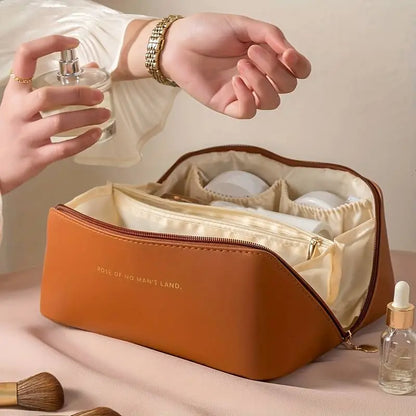Trousse beauté cuir PU imperméable grande ouverture poignée transport fil acier cosmétiques voyage