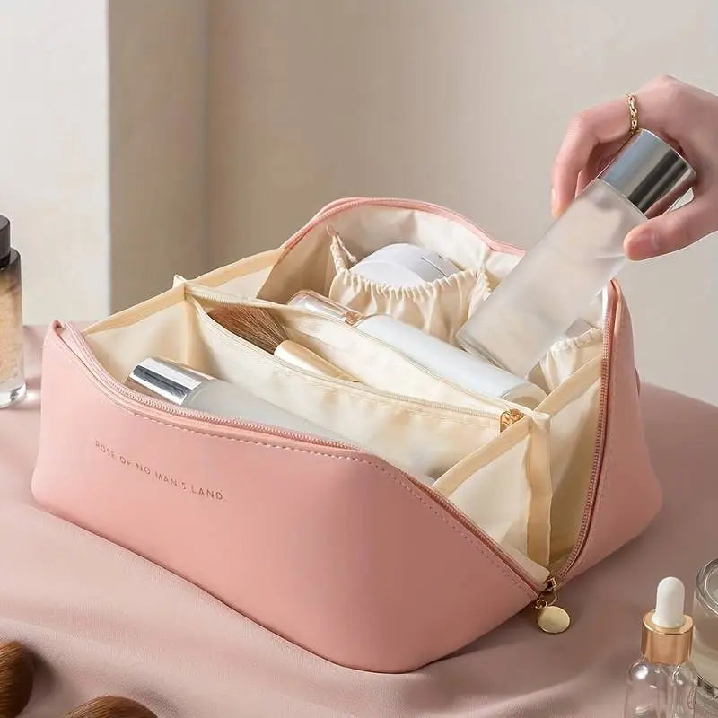 Trousse beauté cuir PU imperméable grande ouverture poignée transport fil acier cosmétiques voyage