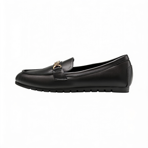Women's Black Leather Loafers With Gold Accent Detail – fond blanc
