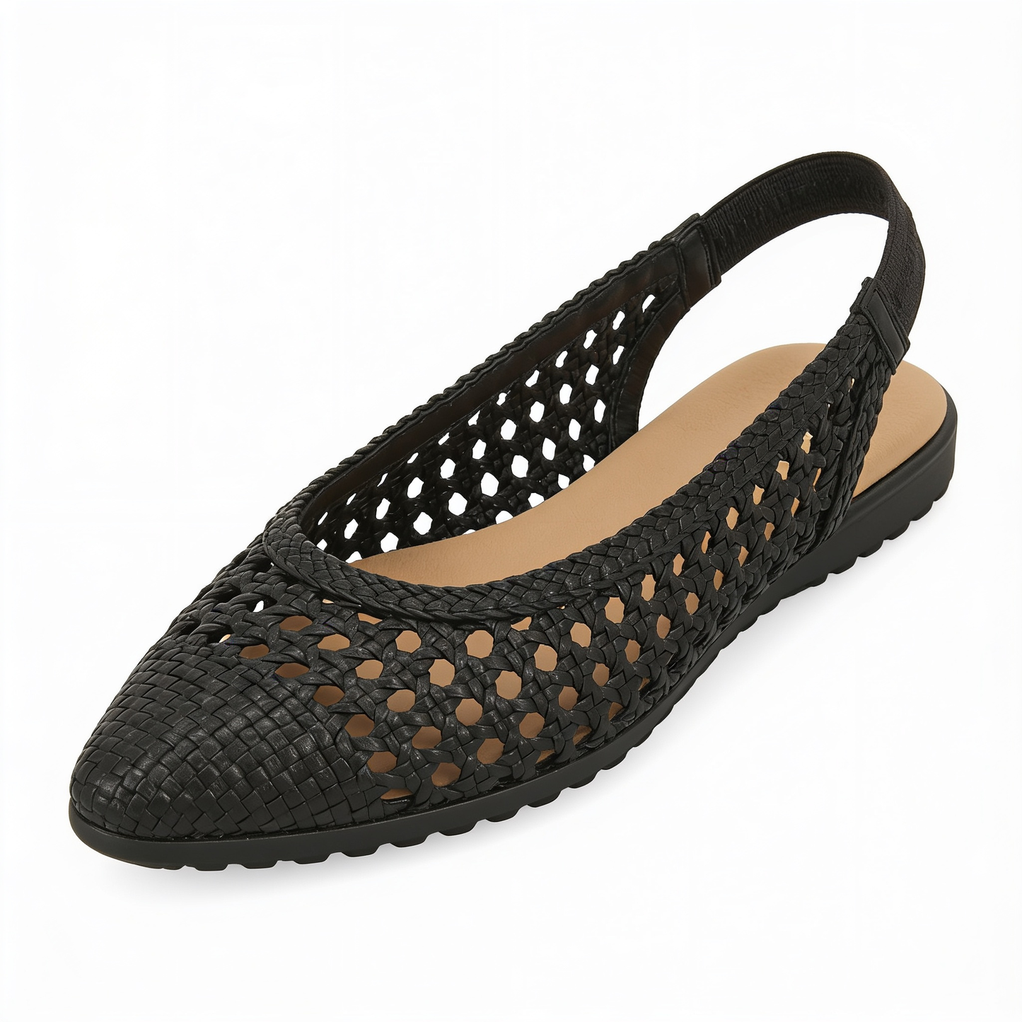 Women's Black Leather Braided Ballet Flats Slingback – fond blanc