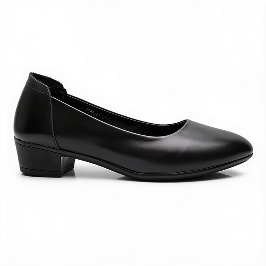 Chaussures Femme en Cuir Noir à Talon Carré - Bout Rond - Fermeture Classique – fond blanc