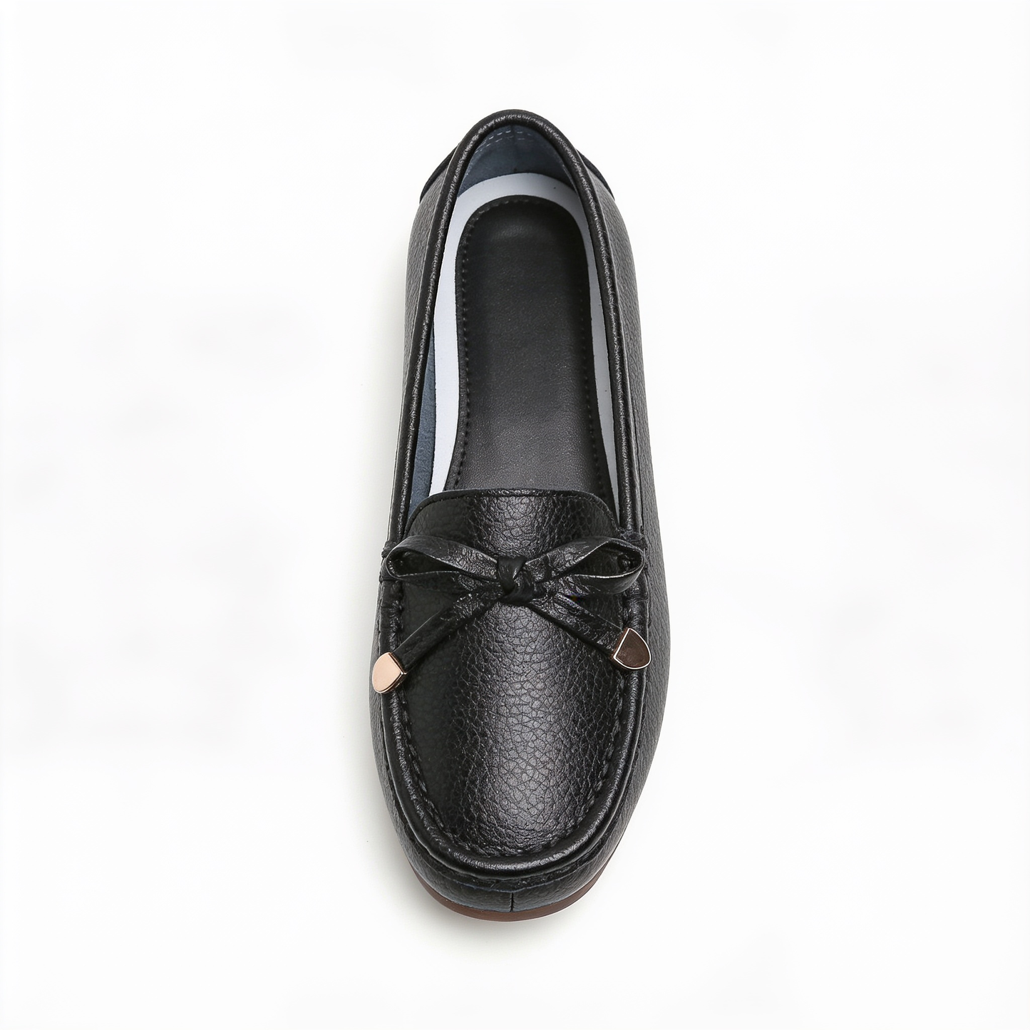 Mocassins Femme en Cuir Noir avec Nœud Décoratif - Bout Rond - Semelle Plate – fond blanc