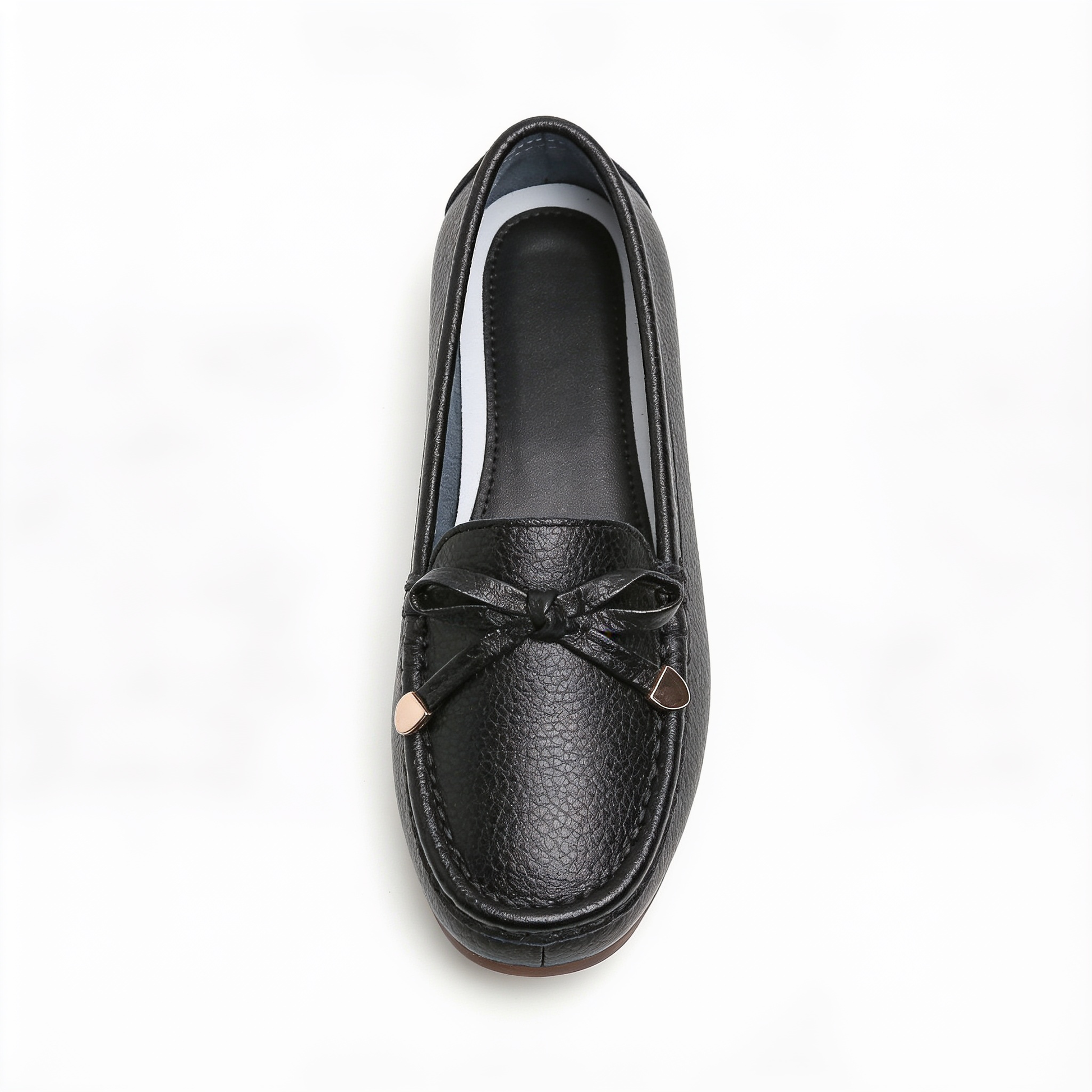 Mocassins Femme en Cuir Noir avec Nœud Décoratif - Bout Rond - Semelle Plate – fond blanc