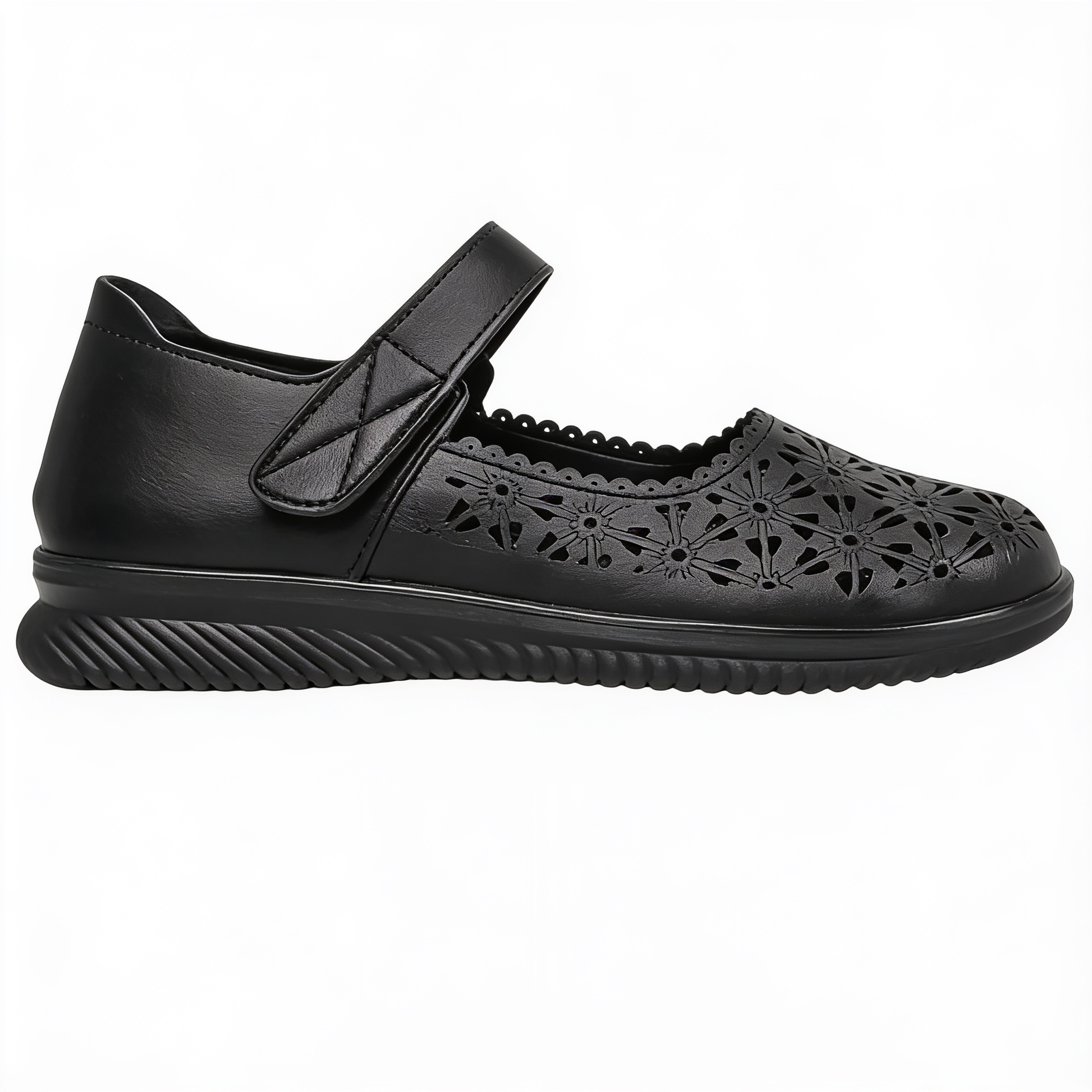Chaussures Plates Femme Ajourées avec Bride à Scratch - PU Souple - Motifs Floraux – fond blanc