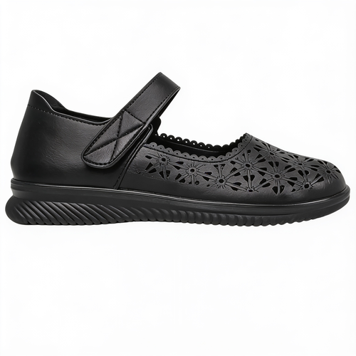 Chaussures Plates Femme Ajourées avec Bride à Scratch - PU Souple - Motifs Floraux – fond blanc