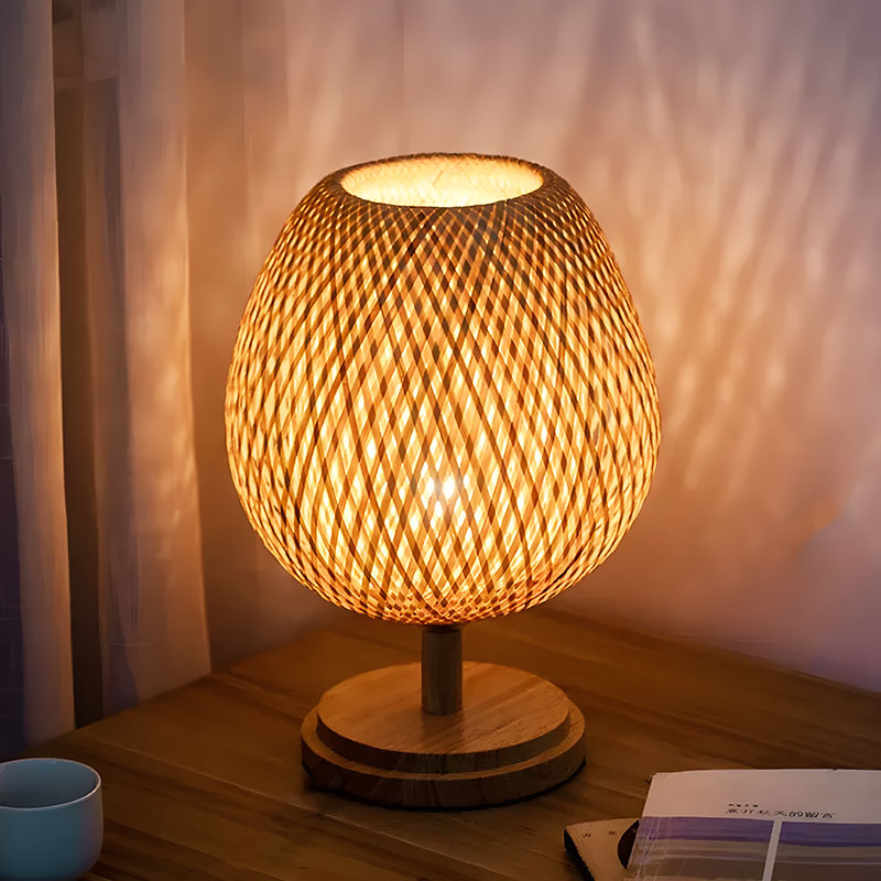 Lampe de chevet bambou bois abat-jour rotin tissé main E27