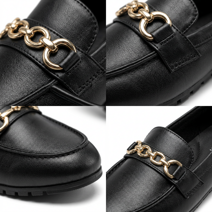 Mocassins femme cuir noir détail doré bout rond semelle plate