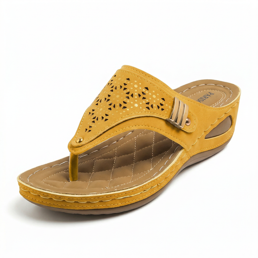 Sandales Compensées Femme Tige Ajourée Jaune Moutarde