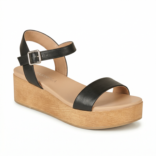 Sandales Femme à Plateforme Noire Effet Bois - Semelle Compensée - Bride Réglable