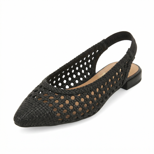 Ballerines Slingback Femme en Cuir Tressé Noir - Bride Arrière - Bout Rond