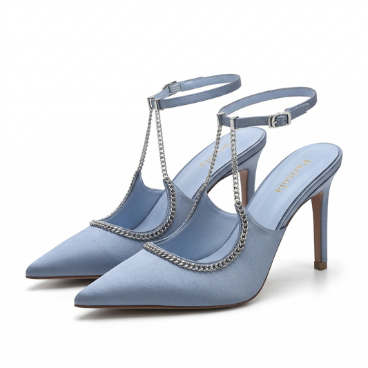 Escarpins Femme en Satin Bleu - Bride Chaîne - Talon Aiguille - Bout Pointu