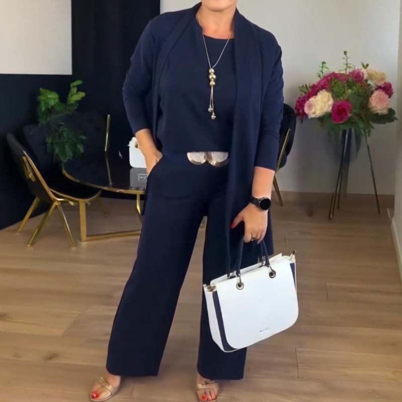 Ensemble femme élégant trois pièces veste haut pantalon