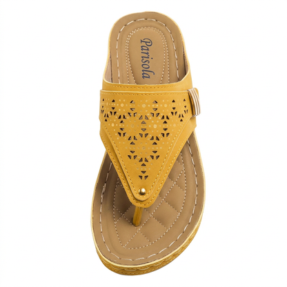 Sandales compensées femme jaune tige perforée bride cheville