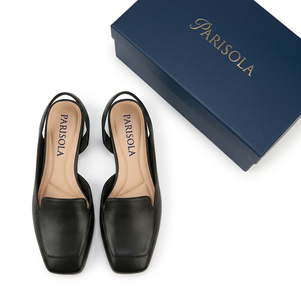 Ballerines femme cuir noir bride arrière bout carré semelle antidérapante