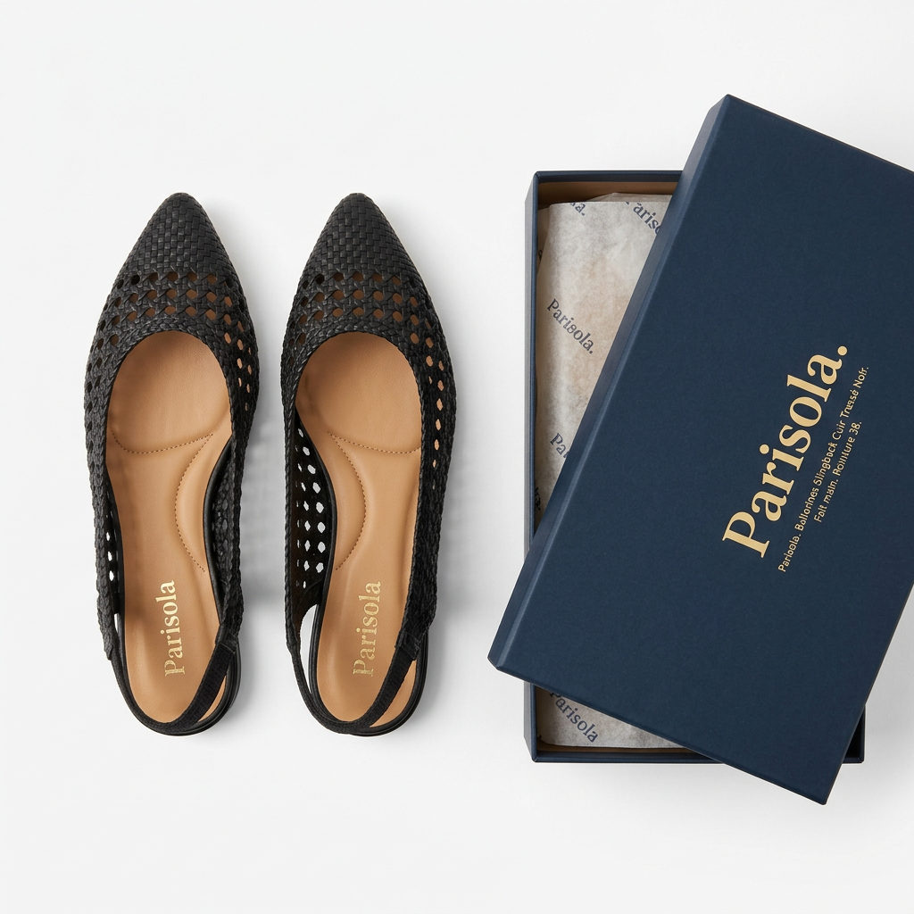 Ballerines femme cuir tressé noir bride arrière bout rond confort