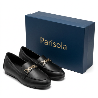 Mocassins femme cuir noir détail doré bout rond semelle plate