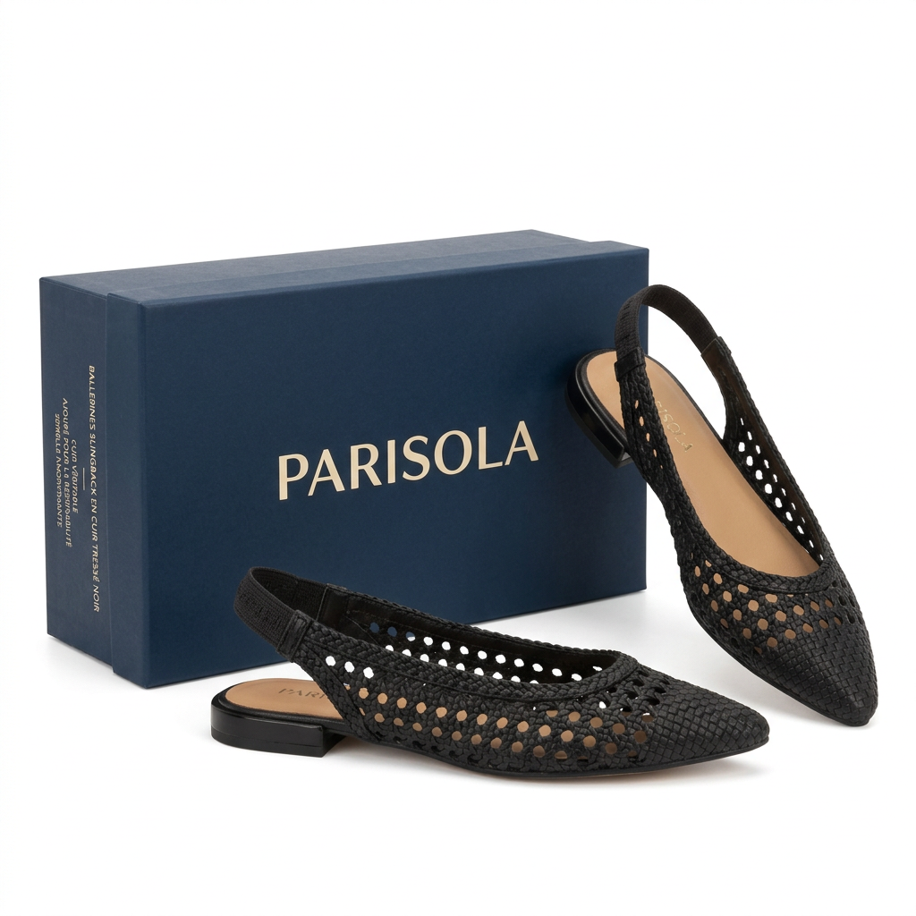 Ballerines femme cuir tressé noir bride arrière bout rond confort