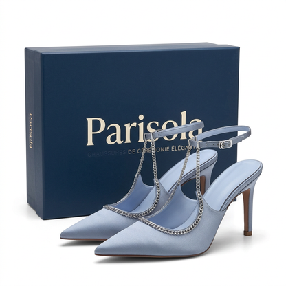 Escarpins femme satin bleu bride chaîne talon aiguille bout pointu