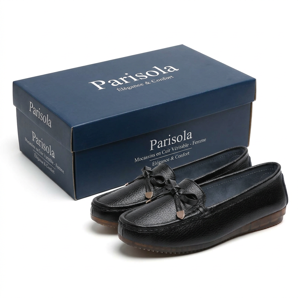 Mocassins femme cuir noir nœud décoratif bout rond semelle plate antidérapante